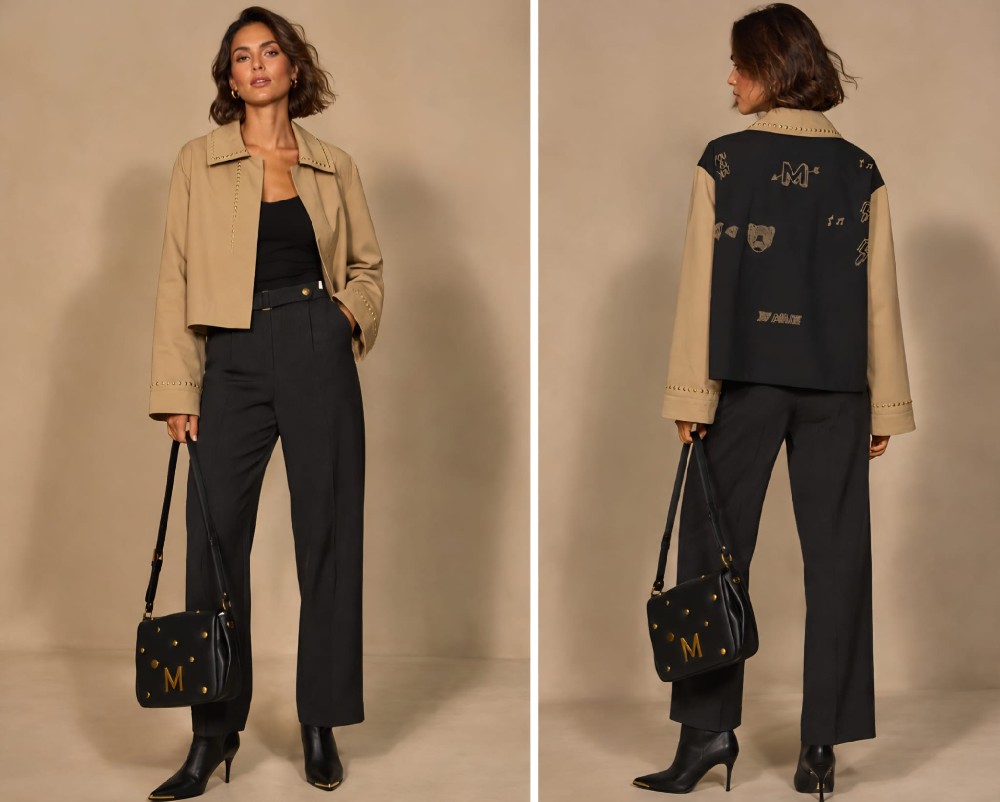 CHAQUETA COMBINADA NEGRO CAMEL TACHAS